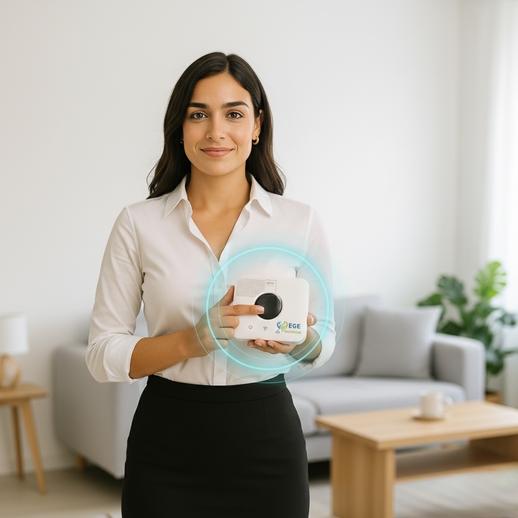 Pflegeassistentin Ayla präsentiert das EGE Healthcare Hausnotrufsystem